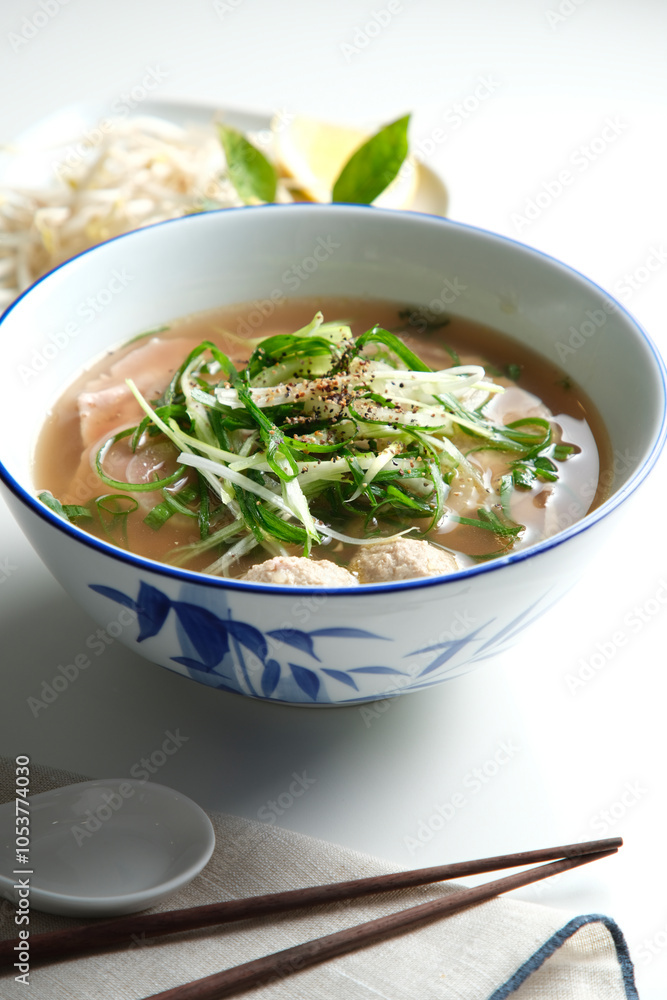 A meatball noodle soup topped with green onions with chopsticks and soup spoon next to it.. A meatball noodle soup topped with green onions with chopsticks and soup spoon next to it..