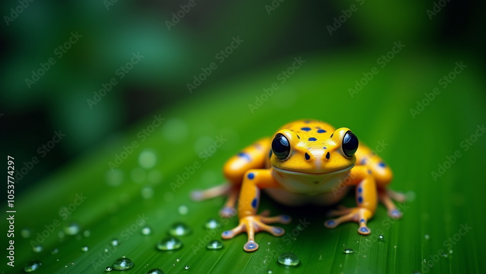 Fototapeta premium Beautiful yellow frog sitting on tropical jungle leaf. Blurred green lush foliage with rain drops background, amazing nature closeup, peaceful. Exotic animal wildlife macro. Generative Ai