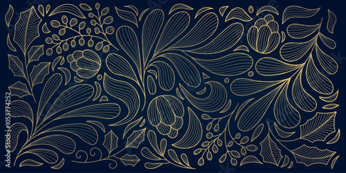 Vector Christmas line gold ornament, line branches winter vintage background, fancy nature elegant pattern with leaves. Holiday decor