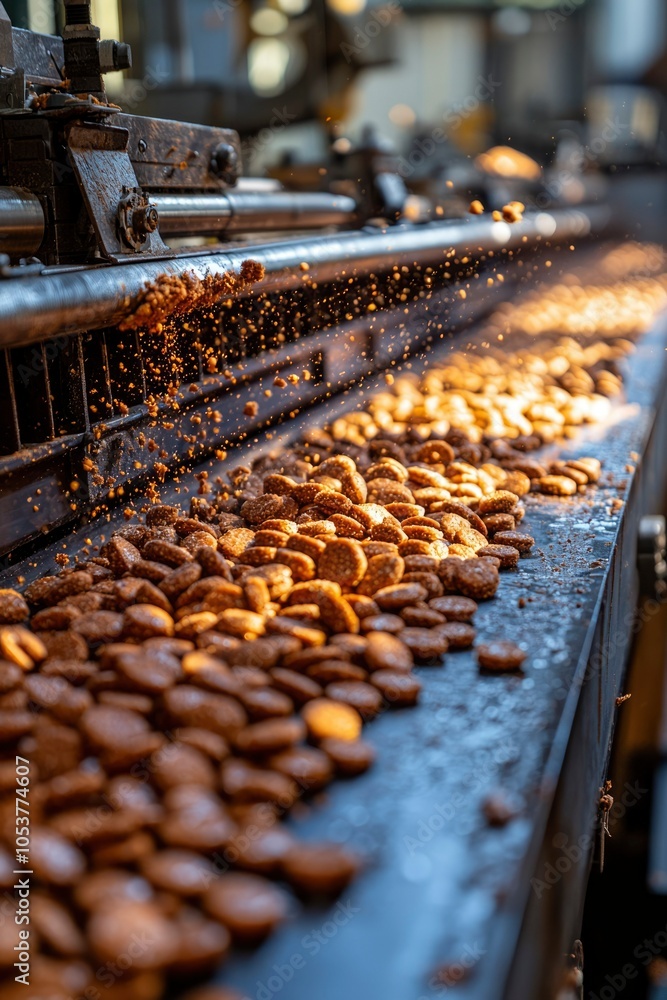Fototapeta premium Close-up of Dog Food Biscuits on a Conveyor Belt During Production