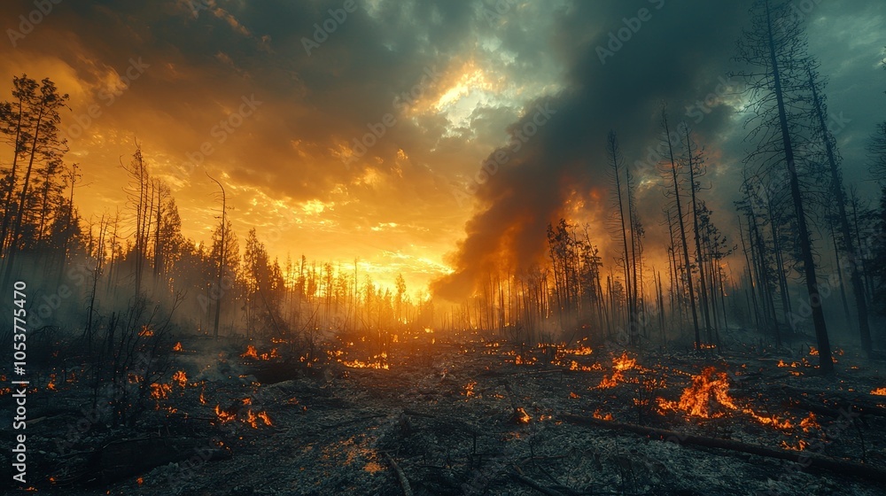 A dramatic scene of a forest fire, showcasing smoke, flames, and a fiery sunset. A dramatic scene of a forest fire, showcasing smoke, flames, and a fiery sunset.