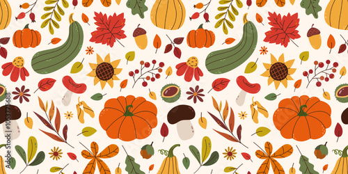 Autumnal seamless pattern with various multicolored foliage, pumpkins, sunflower, berries, chestnut and mushrooms in contemporary flat style. For background, wallpaper, textile, wrapper.