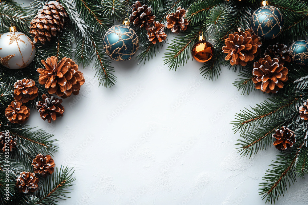Generative AI image of festive Christmas decor with baubles, berries, and pine cones for holiday shopping Generative AI image of festive Christmas decor with baubles, berries, and pine cones for holiday shopping