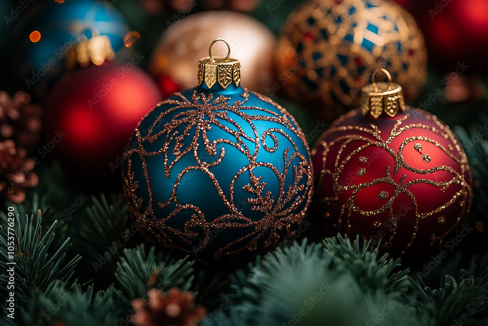 Generative AI image of festive Christmas decor with baubles, berries, and pine cones for holiday shopping Generative AI image of festive Christmas decor with baubles, berries, and pine cones for holiday shopping