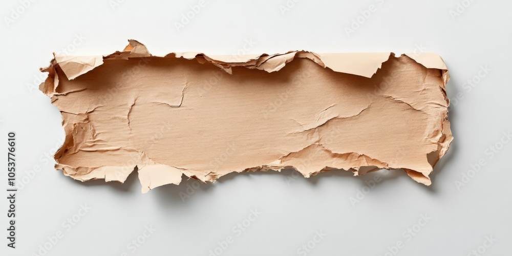 Photo of a torn piece of cardboard paper, placed on a clean white background, emphasizing the raw texture and irregular edges, perfect for digital or print mockups, no shadow Photo of a torn piece of cardboard paper, placed on a clean white background, emphasizing the raw texture and irregular edges, perfect for digital or print mockups, no shadow