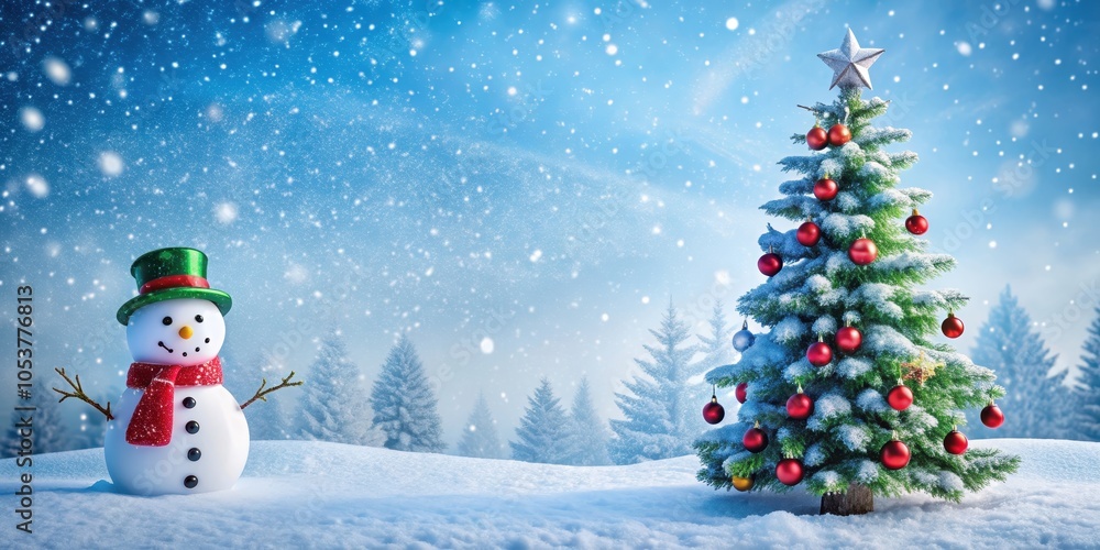 Snowman and Christmas tree in a snowy winter scene , winter, holiday, festive, decorations, seasonal, outdoor, snow, fun Snowman and Christmas tree in a snowy winter scene , winter, holiday, festive, decorations, seasonal, outdoor, snow, fun