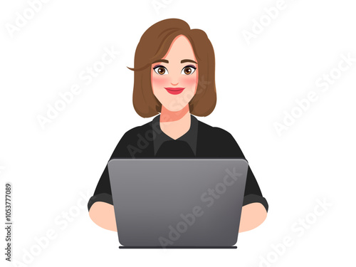 Business woman using a laptop computer to communication character. Isolated vector illustration.