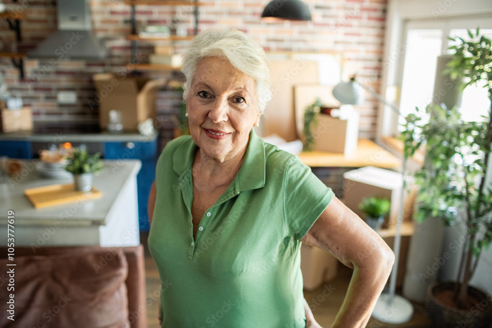 Portrait of senior confident woman in apartment filled with moving boxes Portrait of senior confident woman in apartment filled with moving boxes