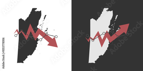 Belize map with fall and recovery chart, statistics arrow. Vector illustration.