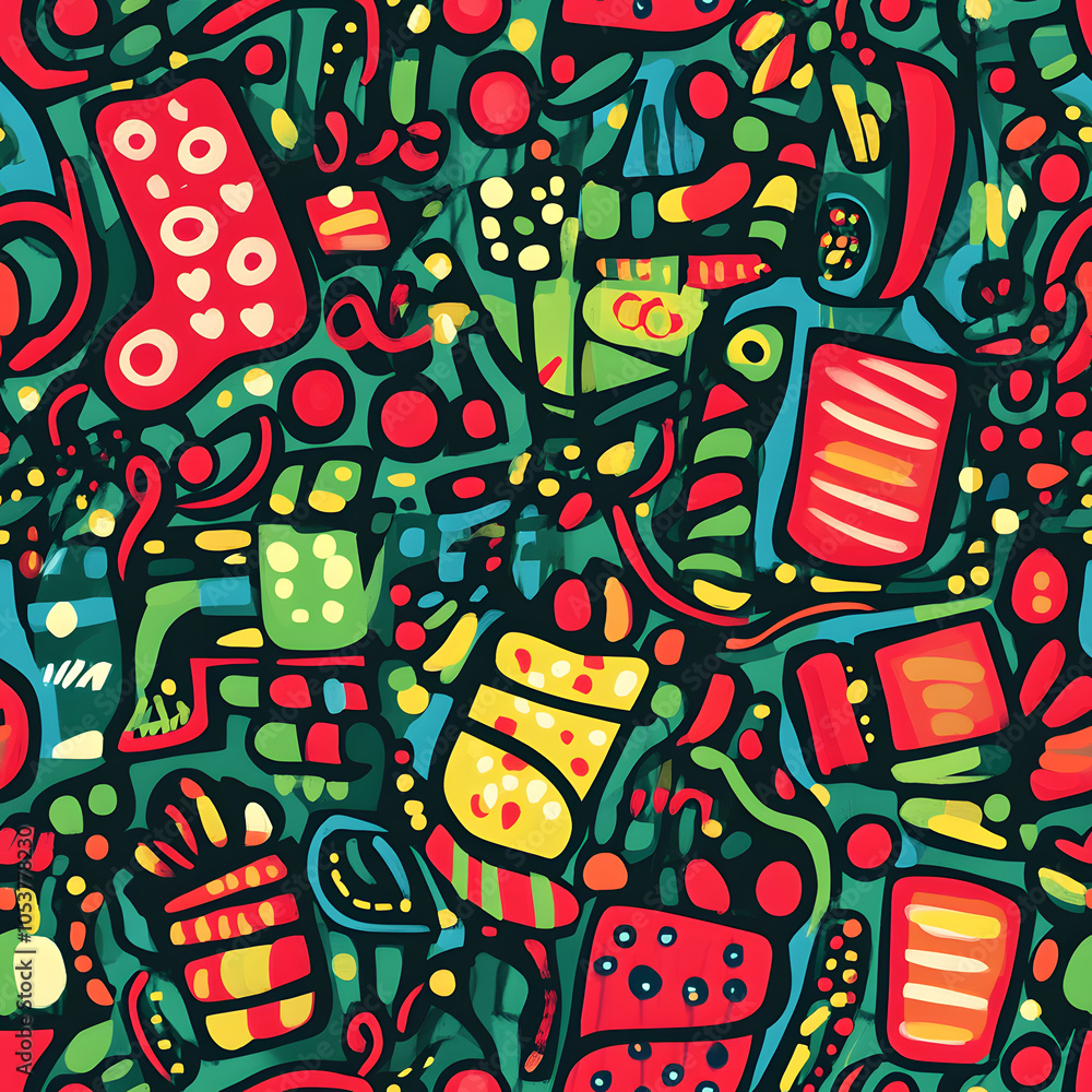 Obraz premium Seamless Pattern Whimsical Christmas and New Year Doodles Featuring Festive Icons, Cozy Winter Scenes, and Seasonal Decorations in Vibrant Colors