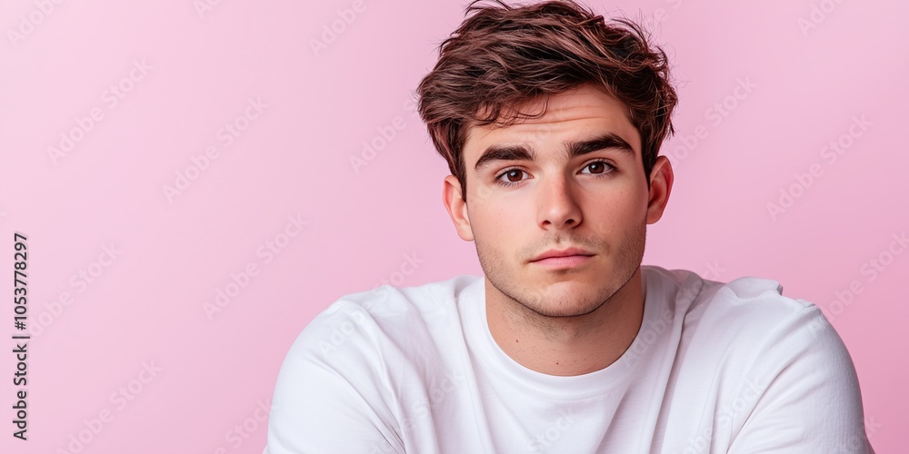 Young Caucasian man with tousled hair against a pink background, exuding calm confidence. Young Caucasian man with tousled hair against a pink background, exuding calm confidence.
