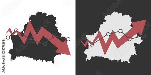 Belarus map with fall and recovery chart, statistics arrow. Vector illustration.