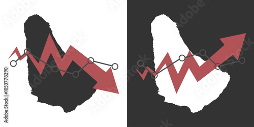 Barbados map with fall and recovery chart, statistics arrow. Vector illustration.