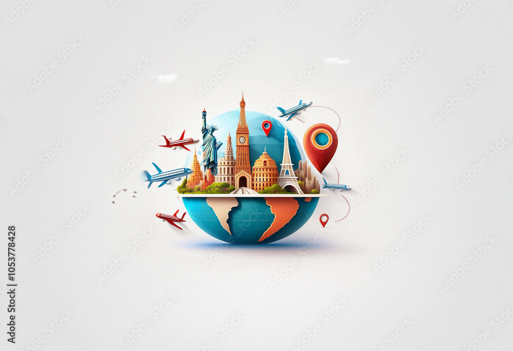Fototapeta premium A globe with famous landmarks surrounded by airplanes and map pins, symbolizing global travel.