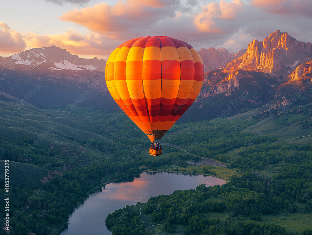 Fototapeta premium a hot air balloon floating over a picturesque village nestled in the mountains.
