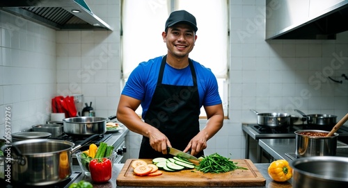 Filipino cook slicing vegetables relaxed smile apron with cap small restaurant kitchen with pots and pans late twenties male photo