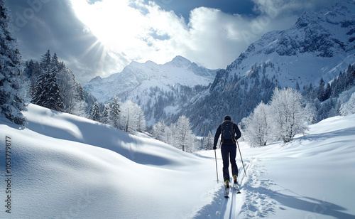 cross country skiing in the mountains with snow 