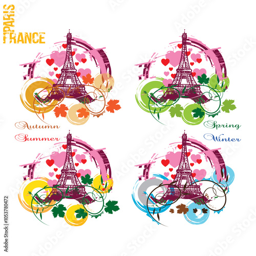 Eiffel Tower. Paris, France four seasons city design. Hand drawn illustration.