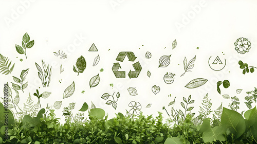 Hand-Drawn Green Leaves and a Recycle Symbol Illustration on White Background