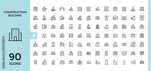 Building icon pack. Related to supermarket, house, skyscraper, architecture, real estate, residential, construction, apartment. Pixel perfect. Editable stroke. Vector illustration.