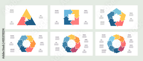 Business infographic template. Arrow Charts with 3, 4, 5, 6, 7, 8 options, steps. Vector charts.