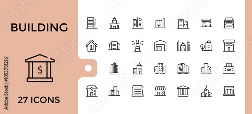 Set of Building line icons. Related to skyscraper, apartment, housing, construction, architecture and more. Minimal linear icons. Editable stroke.