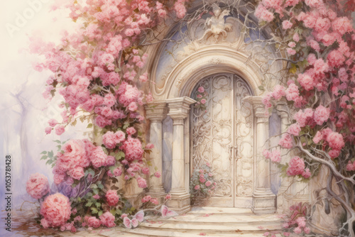 Fantasy Door, Entrance to the Elvish Castle. Old Ornate Door in Fairy Tale House. Garden Gate with Flowers. Watercolor painting, detailed, pastel colors, copy space