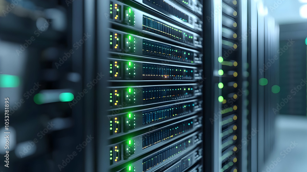 Close-up View of a Server Rack with Green and Yellow Lights, Indicating Active Network Connections and Data Transfer. Close-up View of a Server Rack with Green and Yellow Lights, Indicating Active Network Connections and Data Transfer.