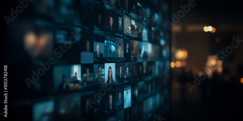 Close-up view of a digital screen showing a video conference grid with diverse professionals, symbolizing modern business collaboration in a remote setting.