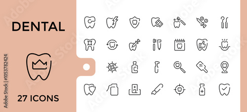 Set of Dental line icons. Contains related to dentist, symbol, orthodontist, health, extraction, medicine, floss. Thin outline icons pack. Editable stroke. Vector illustration.