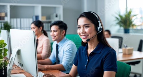 Filipino tech support assisting customer friendly smile headset and polo shirt office cubicle with computer early twenties female