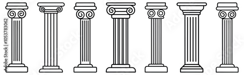 Line Greek pillars and Roman columns, ancient architecture and antique buildings, vector icons. Greece or Rome architecture column pillars of marble stone in line art with pilasters and ornate cornice