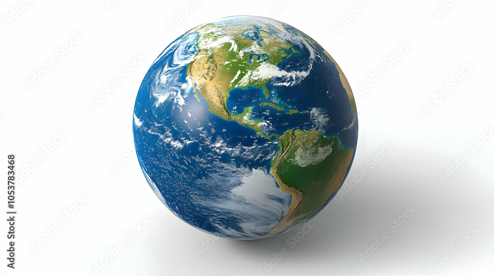 Fototapeta premium 3D Render of Earth with a Focus on North and South America, Showing Ocean Currents and Cloud Formations, Against a White Background