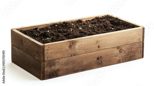 Rectangular wooden box with fresh soil, isolated on white, ready for planting, clean and organic look
