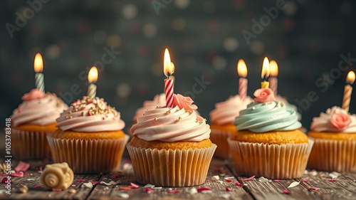 Colorful Cupcakes with Candles for Celebration