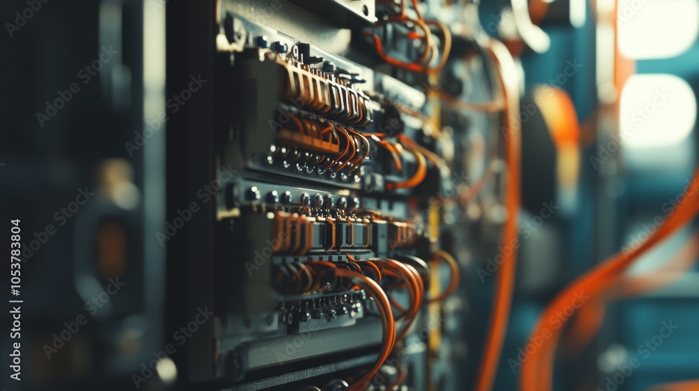 Intricate Wiring in Industrial Control Panel, showcasing detailed connections and components within a high-tech environment. Intricate Wiring in Industrial Control Panel, showcasing detailed connections and components within a high-tech environment.