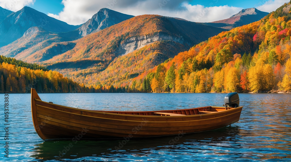 Obraz premium Tranquil lake scene featuring a wooden boat on calm water, surrounded by vibrant autumn foliage and majestic mountains under a partly cloudy sky.