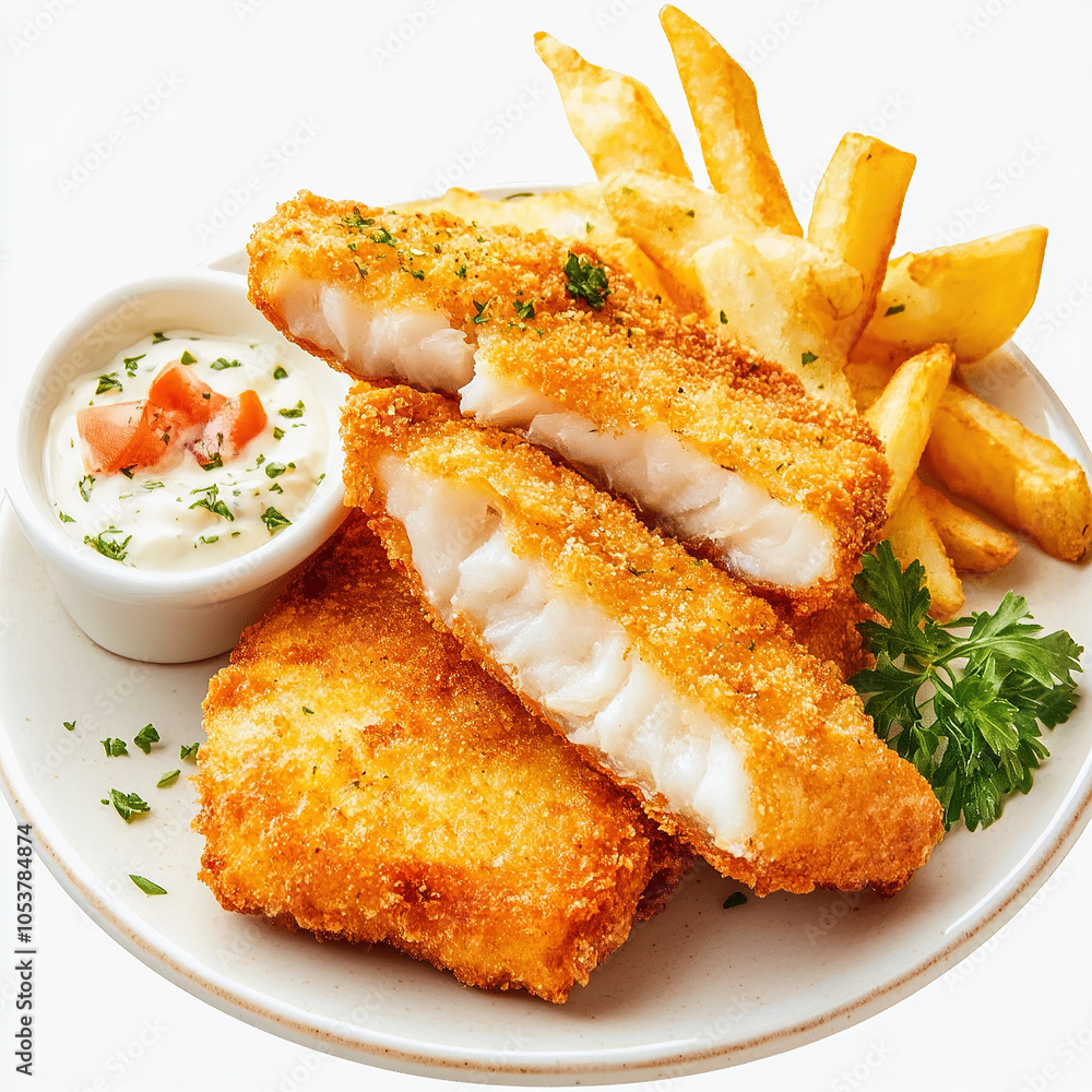 Crispy Fish and Chips with Tartar Sauce on Plate.