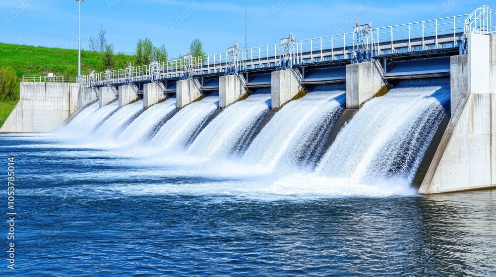 Springtime at the dam as water cascades into the lake under a bright blue sky and rolling green hills Springtime at the dam as water cascades into the lake under a bright blue sky and rolling green hills