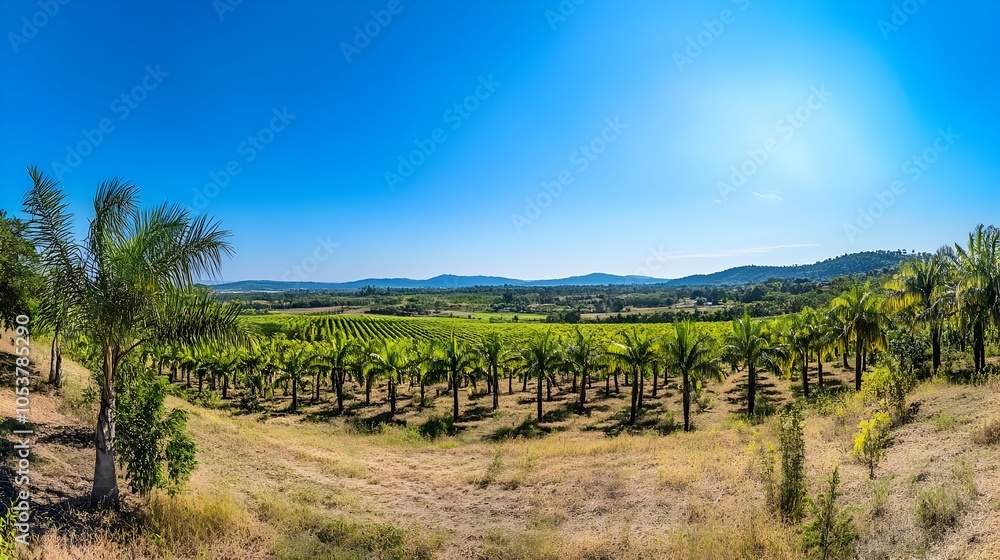 Obraz premium Expansive Oil Palm Plantation with Lush Foliage and Serene Blue Sky Scenery