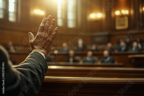 A witness with his hand raised in a courtroom to testify or take an oath, authority of a judge overseeing the trial process, trust in the judicial system.