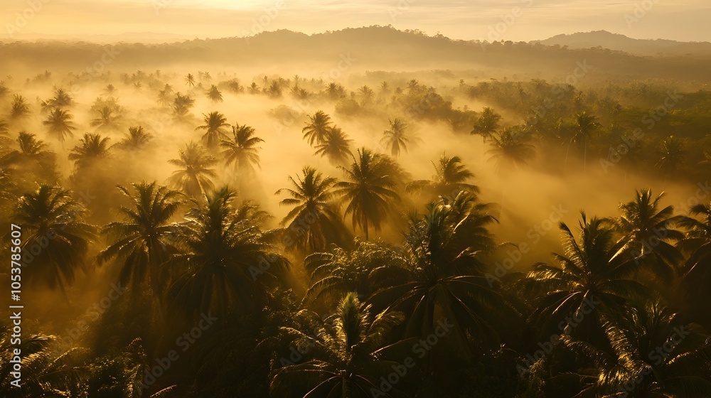 Fototapeta premium Misty Tropical Jungle Landscape with Backlit Palm Trees in Glowing Morning Light