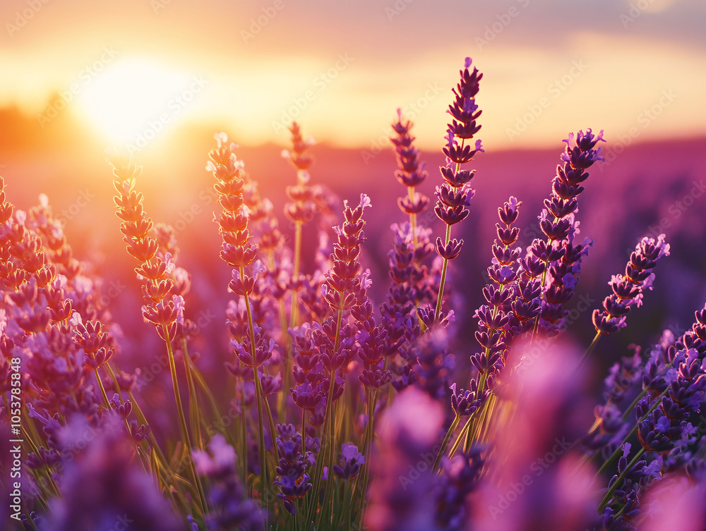 Obraz premium a vibrant field of purple lavender flowers under a beautiful sunset.
