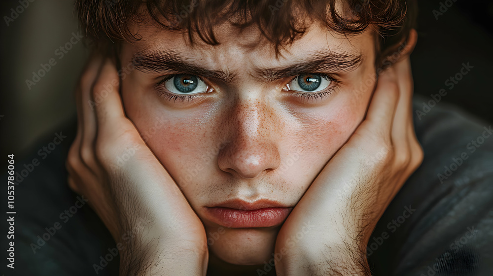 Close-up Portrait of a Young Man with Blue Eyes, Resting His Chin on His Hands, Featuring Freckles and a Serious Expression, Captured in a Moody Lighting Close-up Portrait of a Young Man with Blue Eyes, Resting His Chin on His Hands, Featuring Freckles and a Serious Expression, Captured in a Moody Lighting