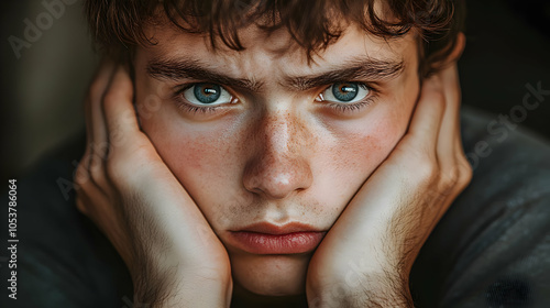 Close-up Portrait of a Young Man with Blue Eyes, Resting His Chin on His Hands, Featuring Freckles and a Serious Expression, Captured in a Moody Lighting