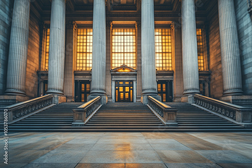Grand courthouse entrance, law and justice building facade, government structure with classic architecture and colonnade.