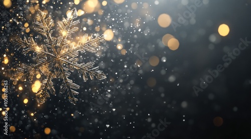 Ethereal golden snowflake with sparkling bokeh