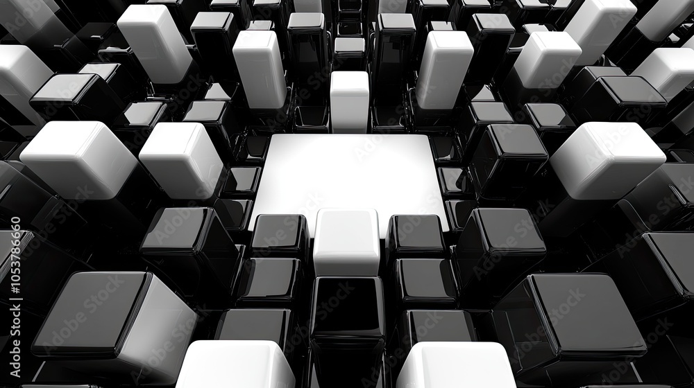 Fototapeta premium A striking black and white monochrome 3D cubes pattern, with a blank central space for text or product displays.