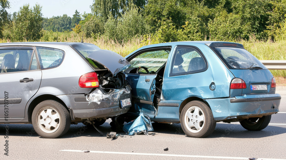 serious car accident involving two vehicles on highway, showcasing damage to both cars. scene highlights aftermath of collision, emphasizing need for road safety serious car accident involving two vehicles on highway, showcasing damage to both cars. scene highlights aftermath of collision, emphasizing need for road safety