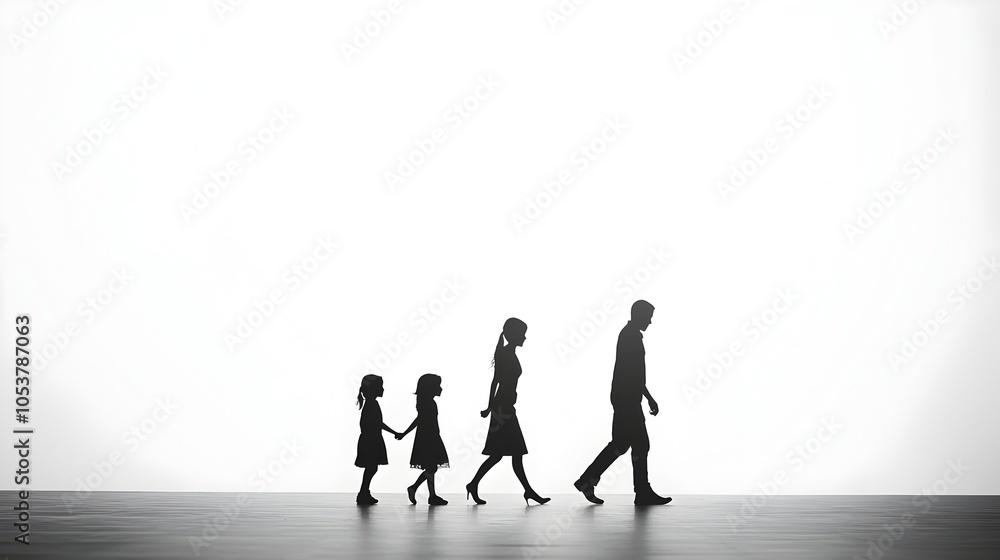 Fototapeta premium Family of Four Silhouettes Walking Together in Unity and Simplicity